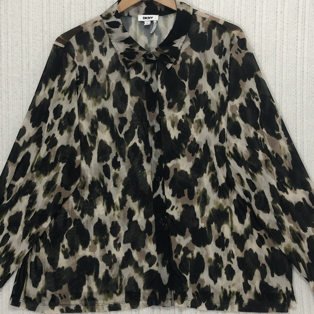 DKNY Womens 2X Leopard Animal Print Mesh Button Down Shirt Long Sleeve Blouse